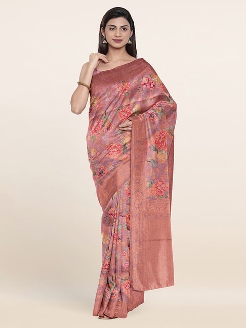 Pothys Pink Silk Floral Print Saree With Unstitched Blouse Price in India