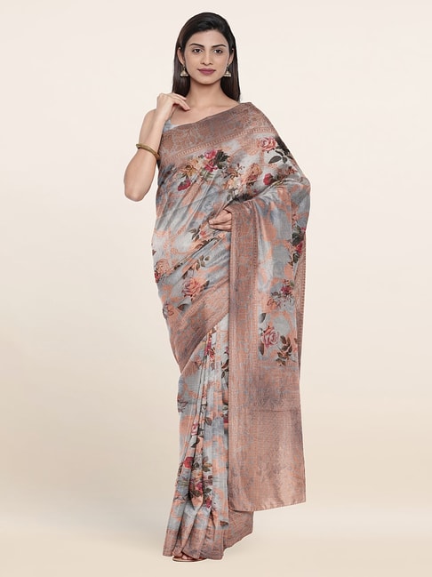 Pothys Grey Silk Floral Print Saree With Unstitched Blouse Price in India