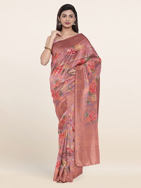 Pothys Purple Silk Floral Print Saree With Unstitched Blouse Price in India