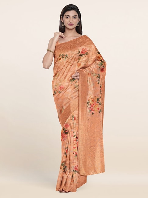 Pothys Peach Silk Floral Print Saree With Unstitched Blouse Price in India