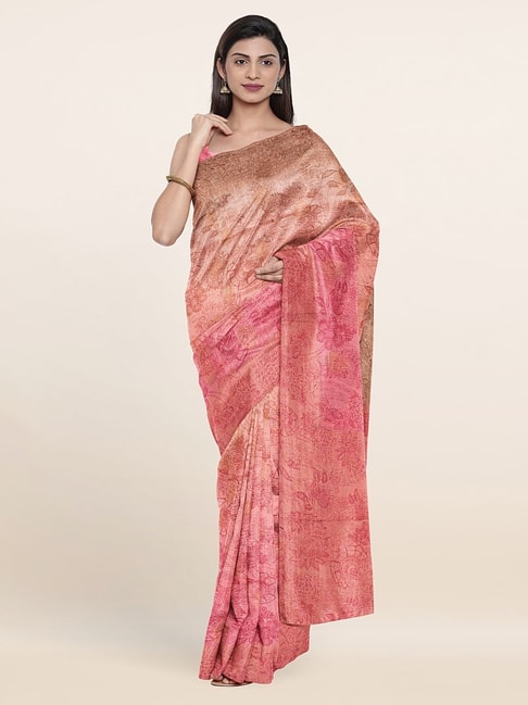 Pothys Pink Silk Floral Print Saree With Unstitched Blouse Price in India
