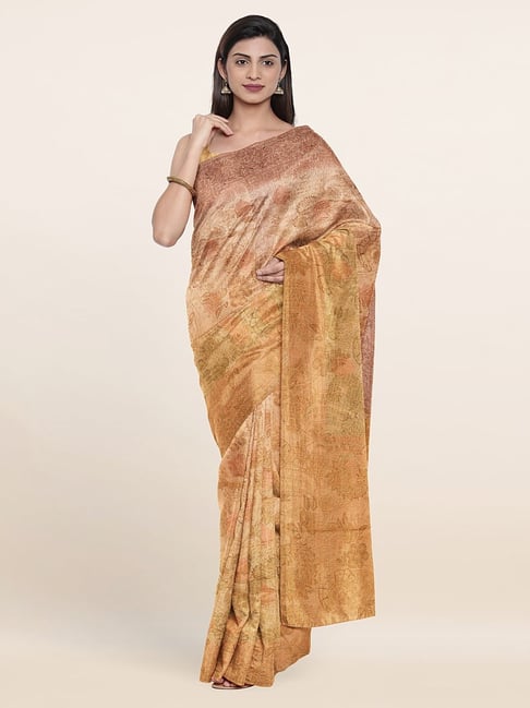 Pothys Yellow Silk Floral Print Saree With Unstitched Blouse Price in India
