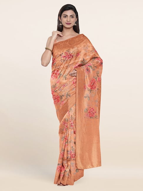 Pothys Orange Silk Floral Print Saree With Unstitched Blouse Price in India