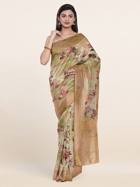 Pothys Green Silk Floral Print Saree With Unstitched Blouse Price in India