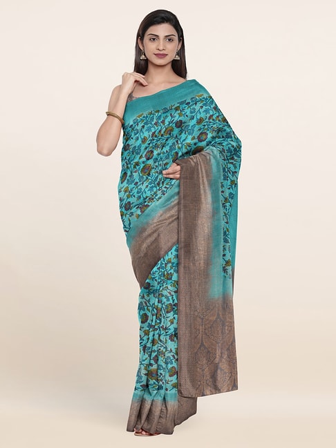 Pothys Turquoise Silk Floral Print Saree With Unstitched Blouse Price in India