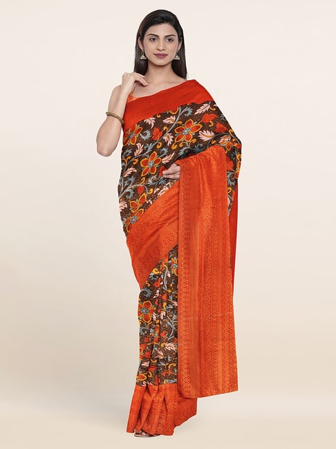 Pothys Black & Red Silk Floral Print Saree With Unstitched Blouse Price in India