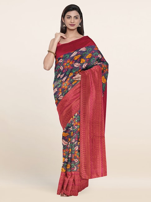 Pothys Blue & Red Silk Floral Print Saree With Unstitched Blouse Price in India