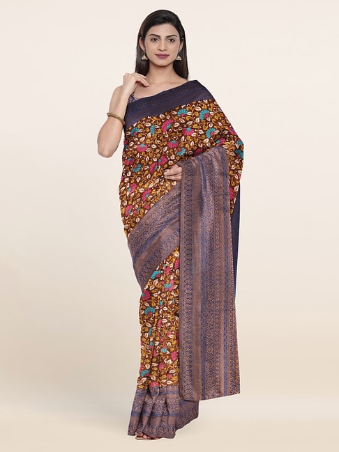 Pothys Brown Silk Floral Print Saree With Unstitched Blouse Price in India