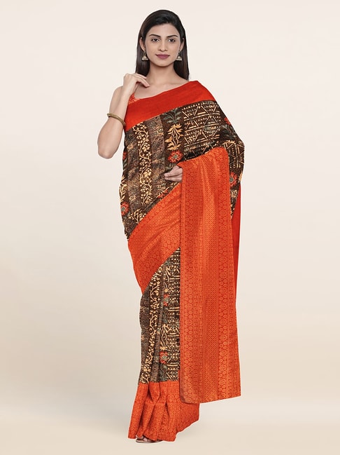 Pothys Brown & Red Silk Floral Print Saree With Unstitched Blouse Price in India