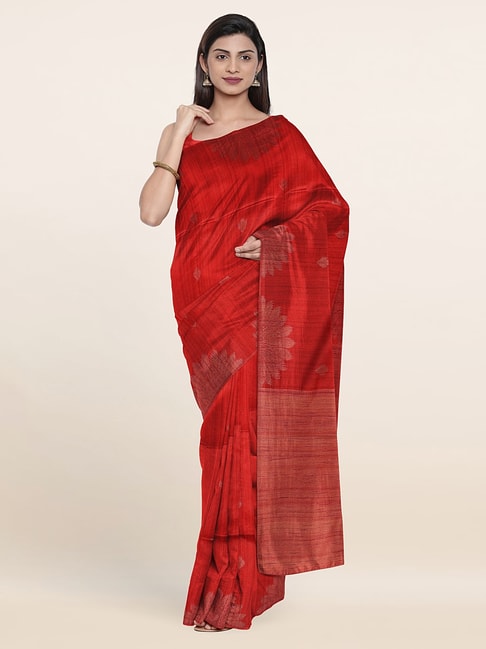Pothys Red Silk Floral Print Saree With Unstitched Blouse Price in India
