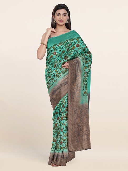 Pothys Green Silk Floral Print Saree With Unstitched Blouse Price in India