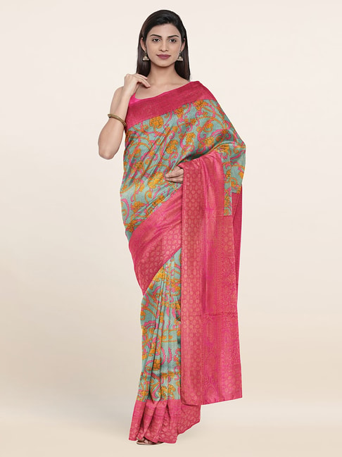 Pothys Blue & Pink Silk Floral Print Saree With Unstitched Blouse Price in India