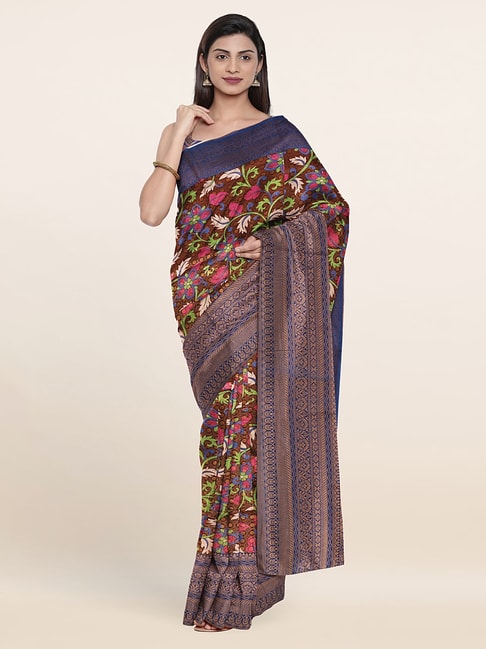 Pothys Brown Silk Floral Print Saree With Unstitched Blouse Price in India