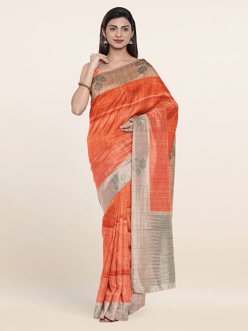 Pothys Orange Silk Floral Print Saree With Unstitched Blouse Price in India