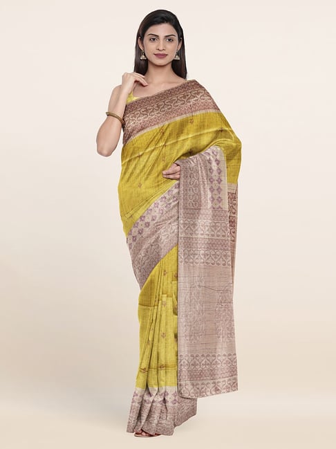 Pothys Yellow Silk Printed Saree With Unstitched Blouse Price in India
