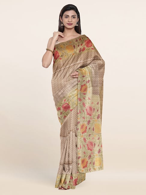 Pothys Beige Silk Floral Print Saree With Unstitched Blouse Price in India