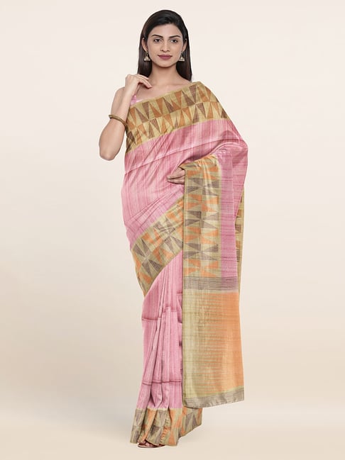 Pothys Pink Silk Printed Saree With Unstitched Blouse Price in India