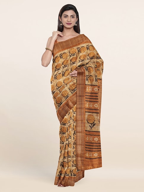 Pothys Yellow Silk Floral Print Saree With Unstitched Blouse Price in India