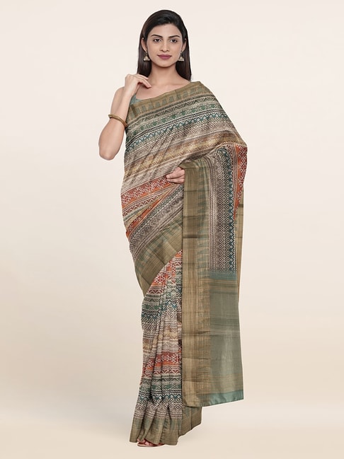 Pothys Beige & Green Silk Printed Saree With Unstitched Blouse Price in India
