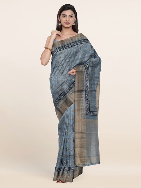 Pothys Grey Silk Floral Print Saree With Unstitched Blouse Price in India
