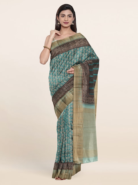 Pothys Turquoise Silk Printed Saree With Unstitched Blouse Price in India