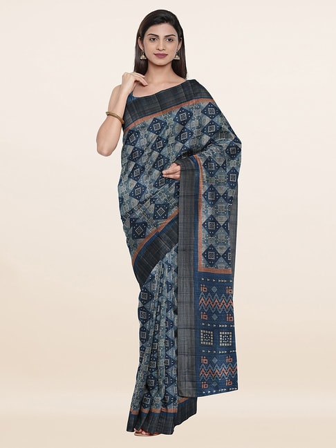 Pothys Blue Silk Floral Print Saree With Unstitched Blouse Price in India