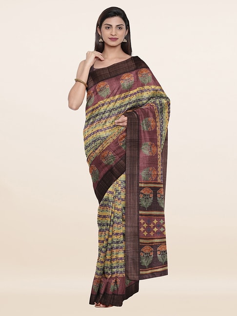 Pothys Beige & Brown Silk Floral Print Saree With Unstitched Blouse Price in India