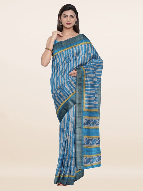 Pothys Blue Silk Floral Print Saree With Unstitched Blouse Price in India