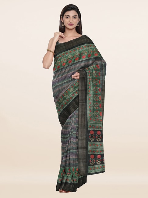 Pothys Green & Grey Silk Floral Print Saree With Unstitched Blouse Price in India