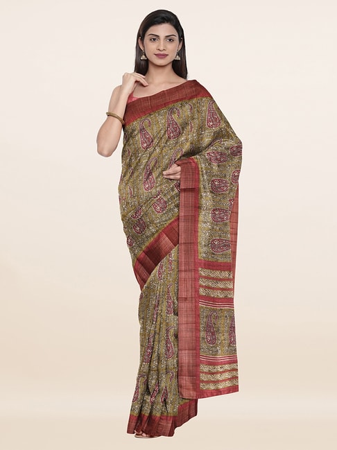 Pothys Green & Pink Silk Floral Print Saree With Unstitched Blouse Price in India
