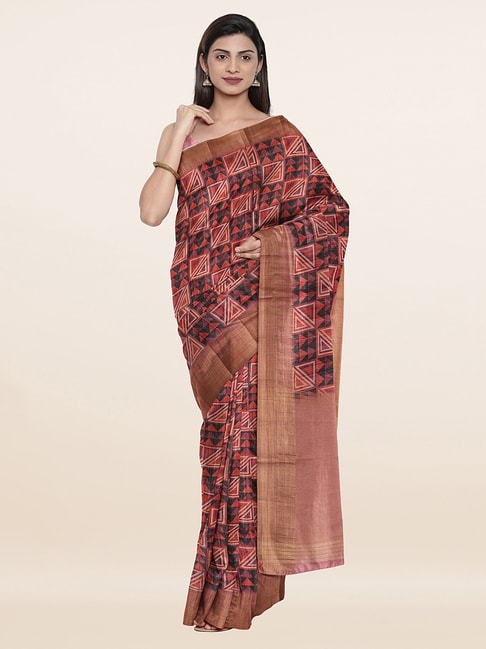 Pothys Pink & Blue Silk Printed Saree With Unstitched Blouse Price in India