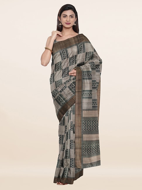 Pothys Beige Silk Printed Saree With Unstitched Blouse Price in India