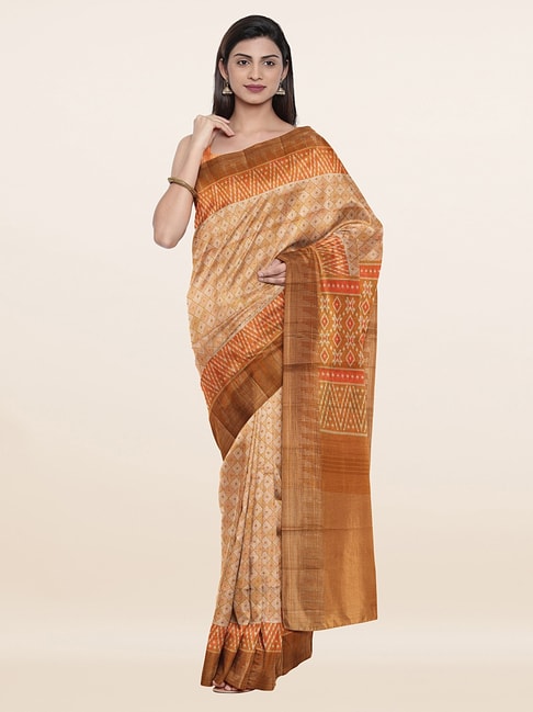 Pothys Orange Silk Printed Saree With Unstitched Blouse Price in India