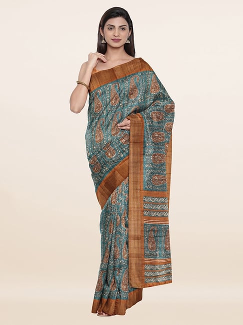 Pothys Turquoise Silk Printed Saree With Unstitched Blouse Price in India