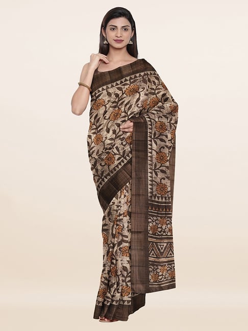 Pothys Beige Silk Printed Saree With Unstitched Blouse Price in India