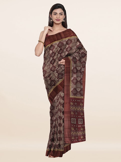 Pothys Brown Silk Printed Saree With Unstitched Blouse Price in India