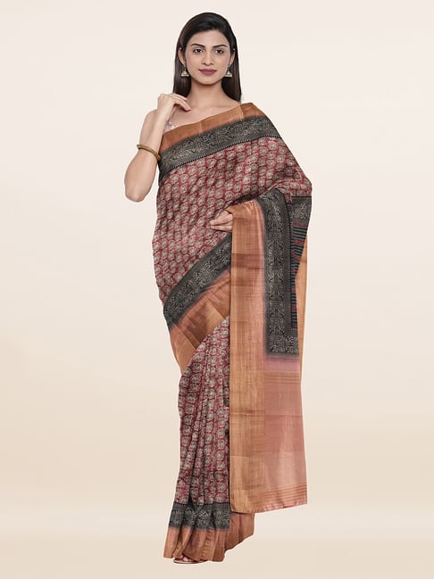 Pothys Maroon Silk Printed Saree With Unstitched Blouse Price in India
