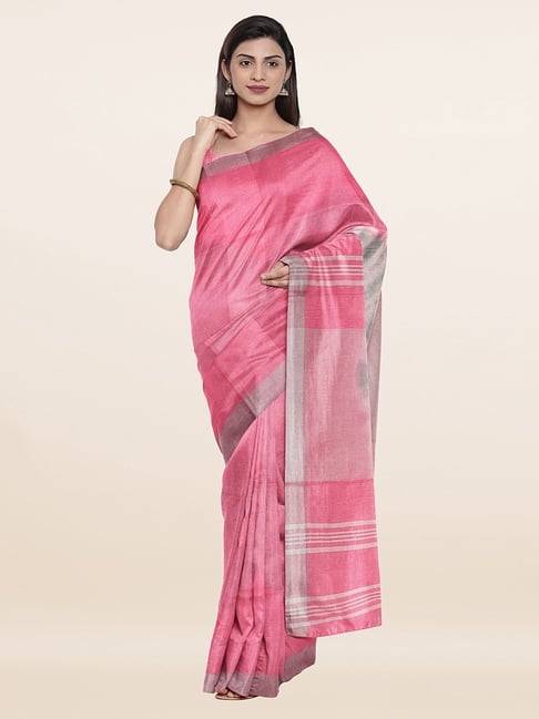 Pothys Pink & Grey Linen Printed Saree With Unstitched Blouse Price in India