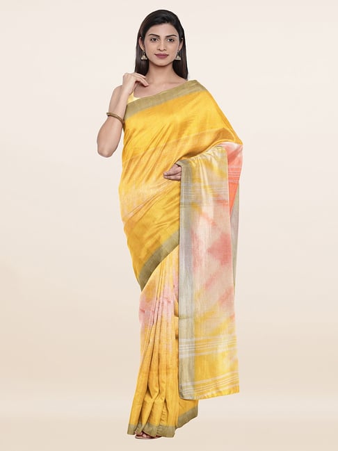 Pothys Yellow & Pink Linen Printed Saree With Unstitched Blouse Price in India