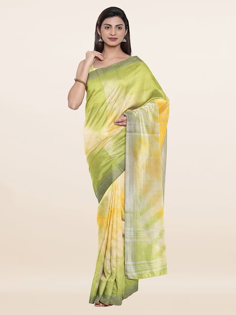 Pothys Yellow & Green Linen Printed Saree With Unstitched Blouse Price in India