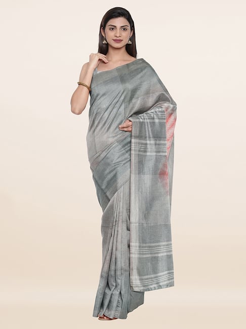 Pothys Grey Linen Printed Saree With Unstitched Blouse Price in India