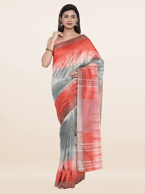 Pothys Grey & Red Linen Printed Saree With Unstitched Blouse Price in India