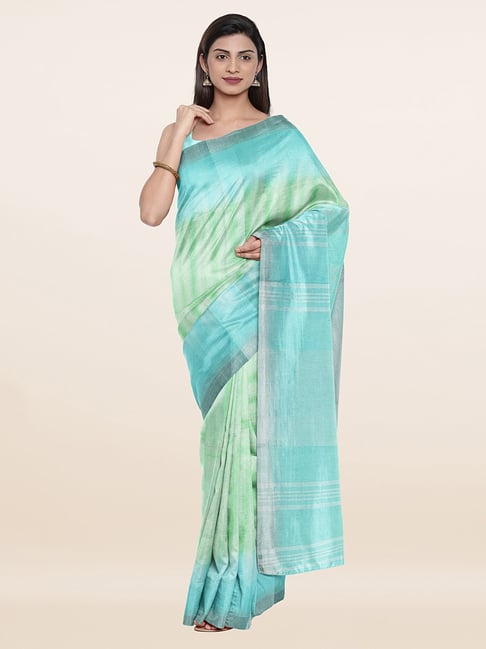 Pothys Green & Blue Linen Printed Saree With Unstitched Blouse Price in India