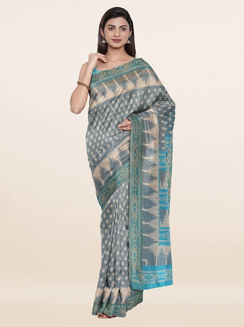 Pothys Grey Silk Printed Saree With Unstitched Blouse Price in India