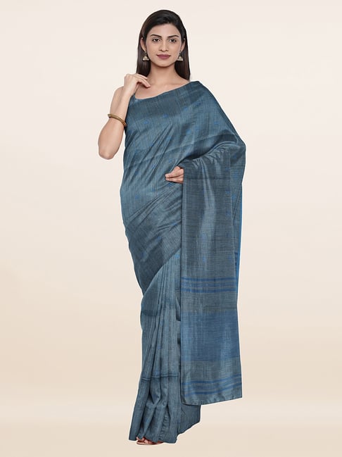Pothys Blue Silk Striped Saree With Unstitched Blouse Price in India