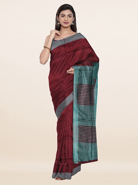 Pothys Maroon Linen Striped Saree With Unstitched Blouse Price in India