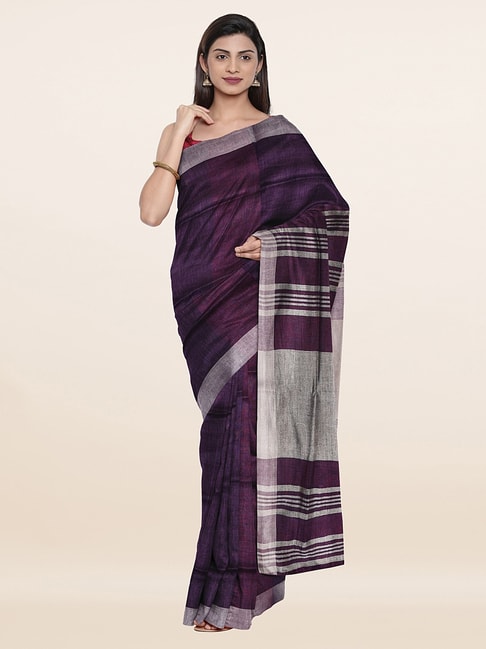 Pothys Purple Linen Striped Saree With Unstitched Blouse Price in India