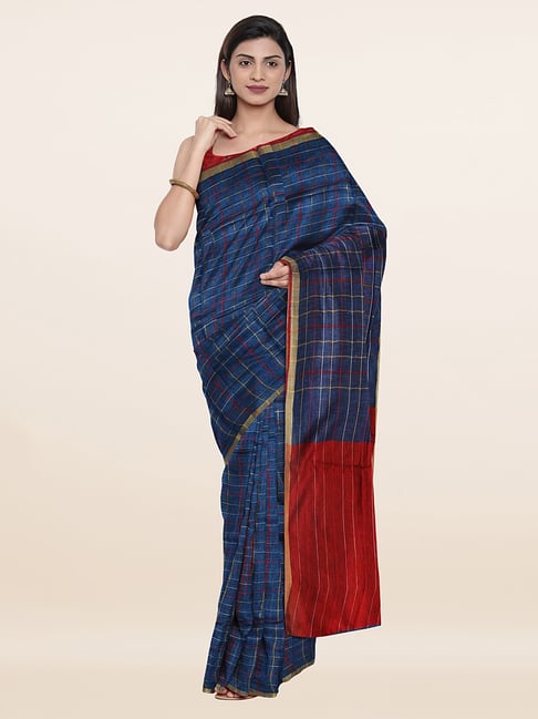 Pothys Red Linen Chequered Saree With Unstitched Blouse Price in India