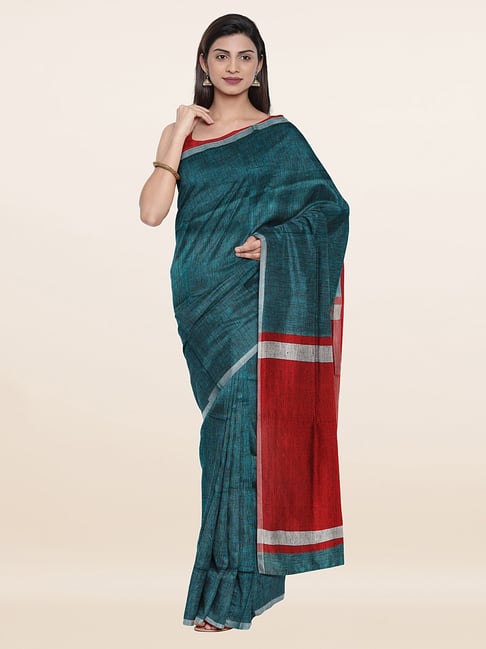 Pothys Turquoise Linen Striped Saree With Unstitched Blouse Price in India