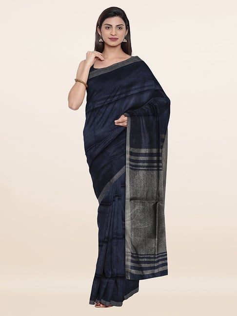 Pothys Navy Linen Striped Saree With Unstitched Blouse Price in India